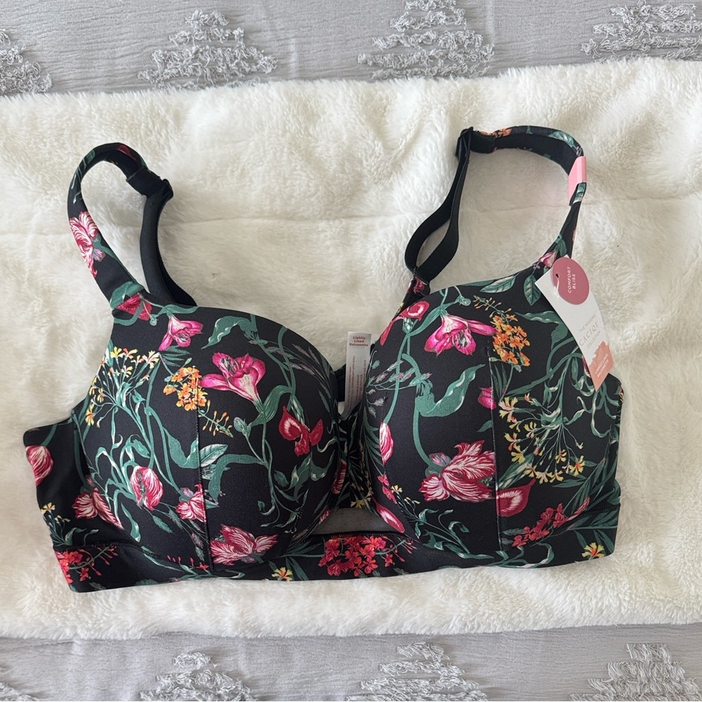 Cacique black floral comfort bliss lightly lined balconette bra NWT size 40DD